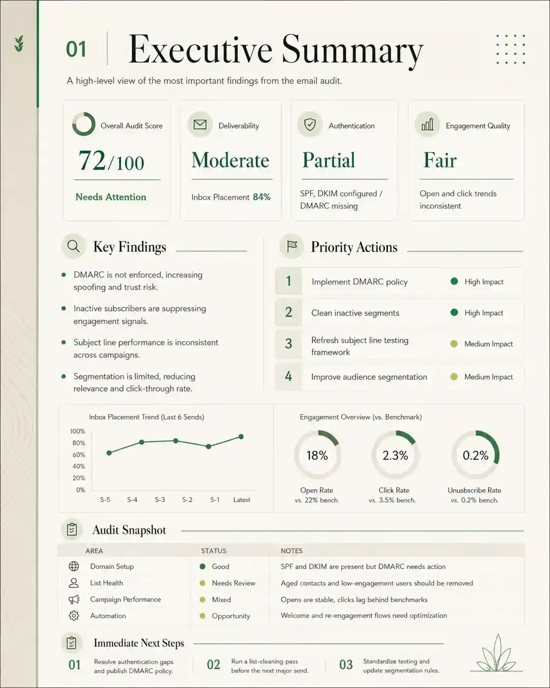 Email audit report page showing summary, findings, priority actions, and next steps