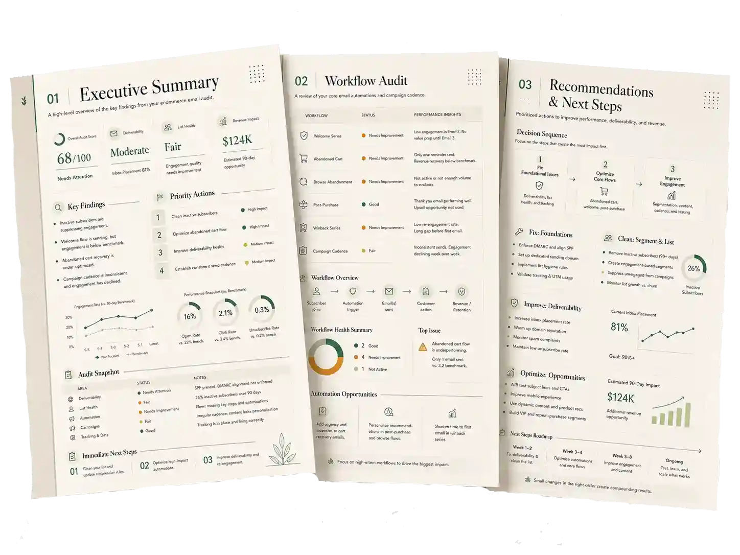 Three pages of a Peak Meadow email audit report: executive summary, workflow audit, and recommendations and next steps