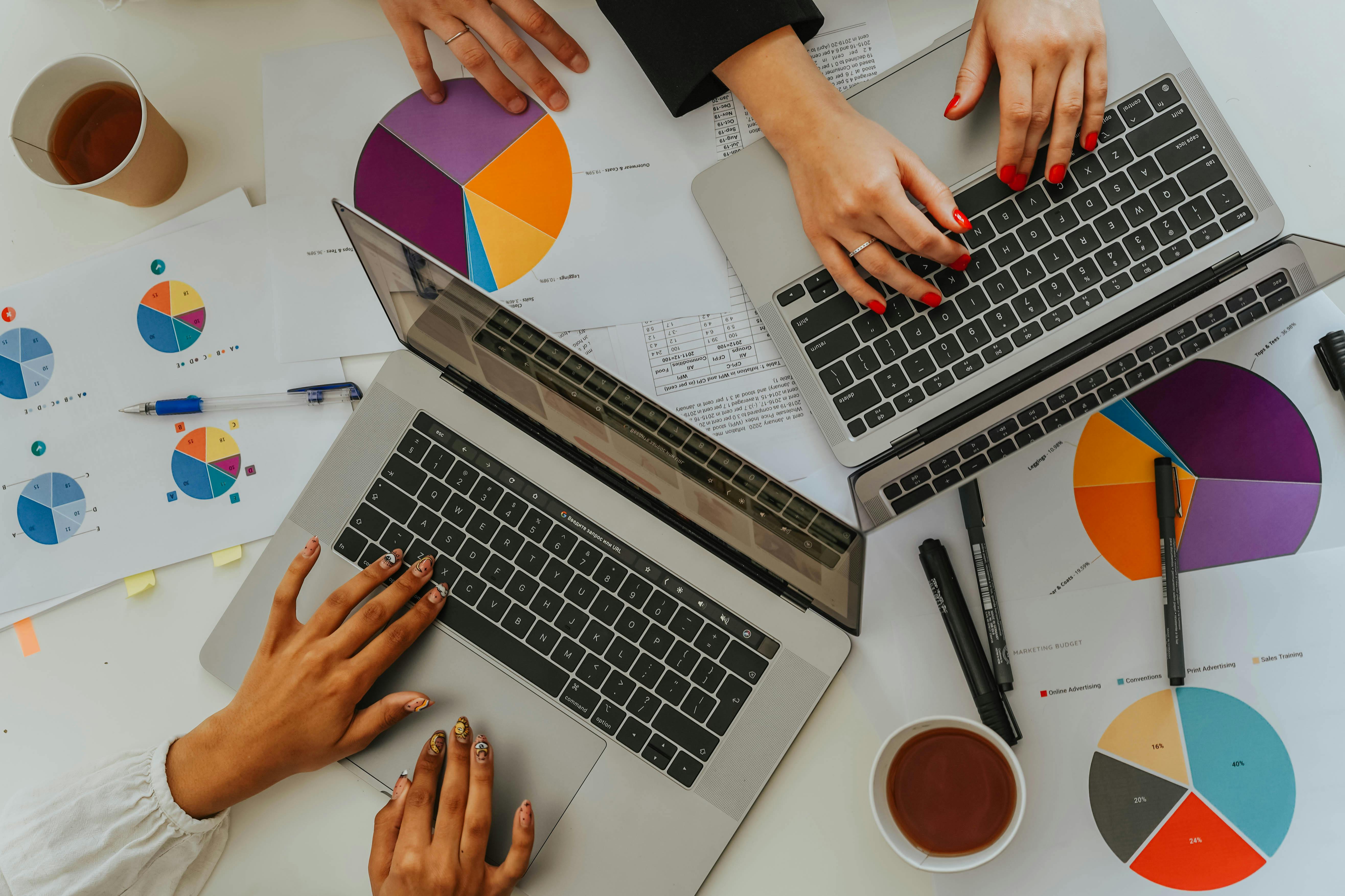 Marketing team analyzing data and charts