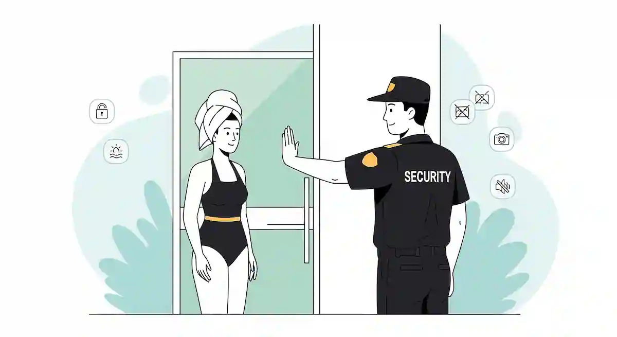 Security guard stopping a woman from entering building