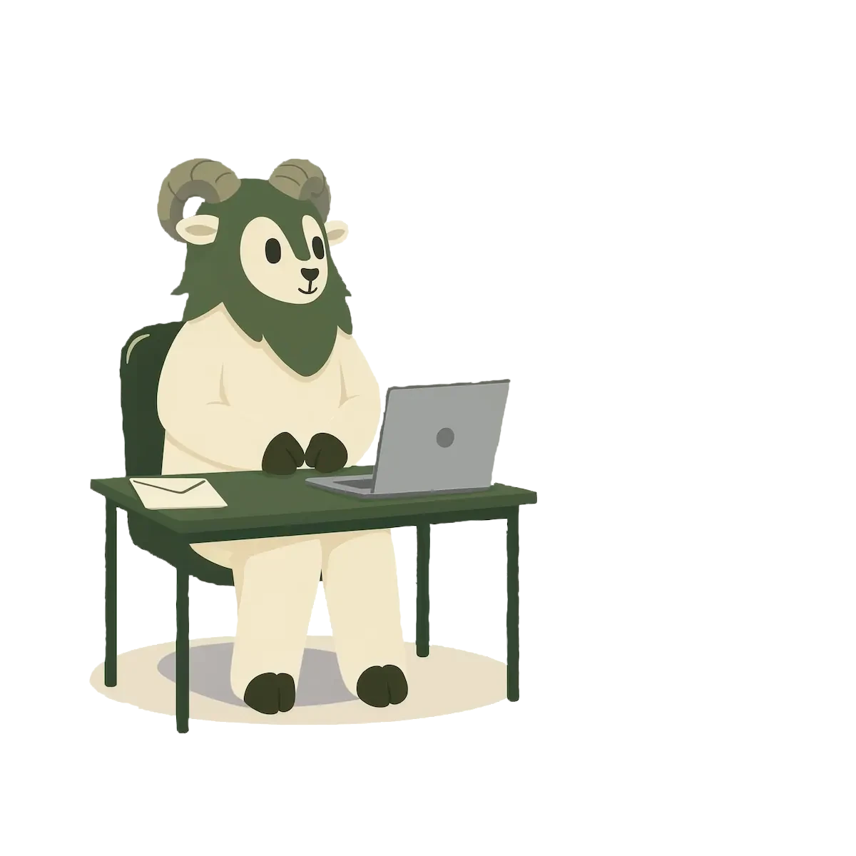 Peak Meadow ram mascot at a desk working on email